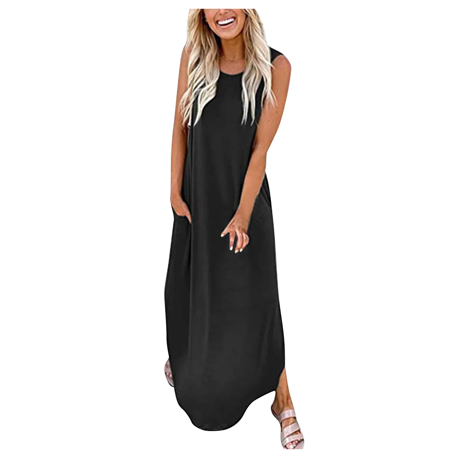 

2024 Women Casual Loose Sundress Solid Color Tank Long Dress Sleeveless Split Maxi Dresses Summer Beach Dress With Pockets