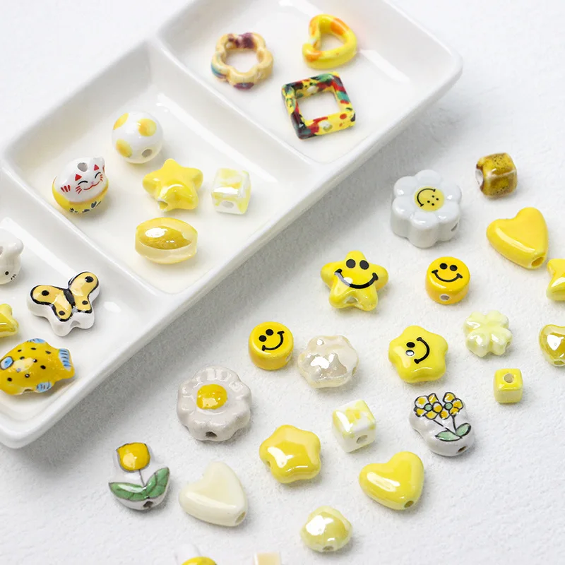 3/5/10pcs Yellow Ceramic Beads, Various Styles of Spacer Beads for Jewelry Making, DIY Bracelets and Necklaces Accessories