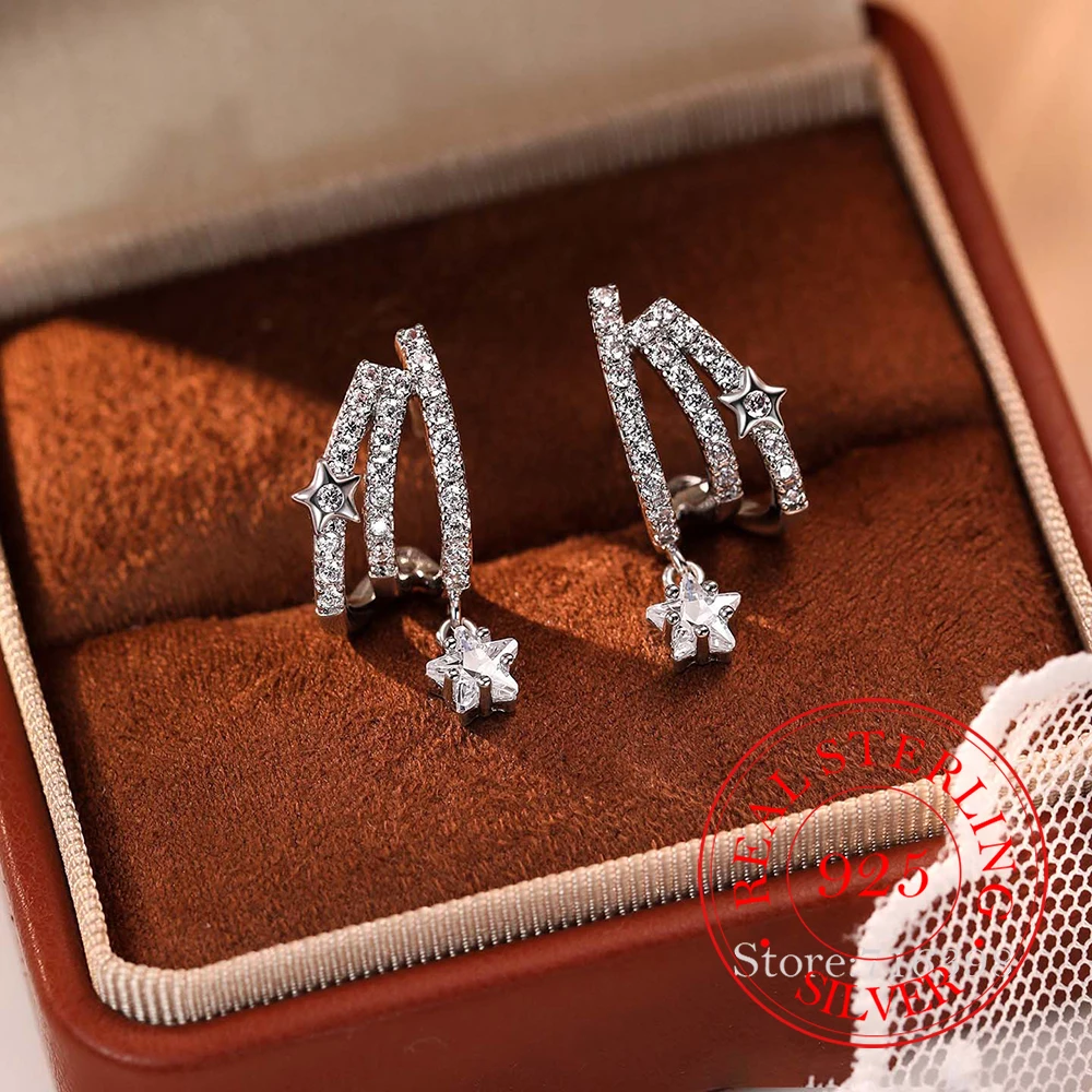 925 Sterling Silver Jewelry Luxury Crystal Star Entwined Stud Earrings for Women Wedding Party Jewelry For Girls Friends Gift