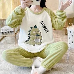 Thickened Warm Flannel Pajama Woman's Winter Cartoon Bear Dinosaurs Dog Cat Print Homewear Large Size Soft Sleepwear 2PCS/Set