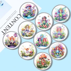 Cabochon rond en verre avec photo, champignon, fleur, fée, fille, dos plat, démonstration, résultats exécutifs, 12mm, 18mm, 20mm, 25mm, 0 pièces