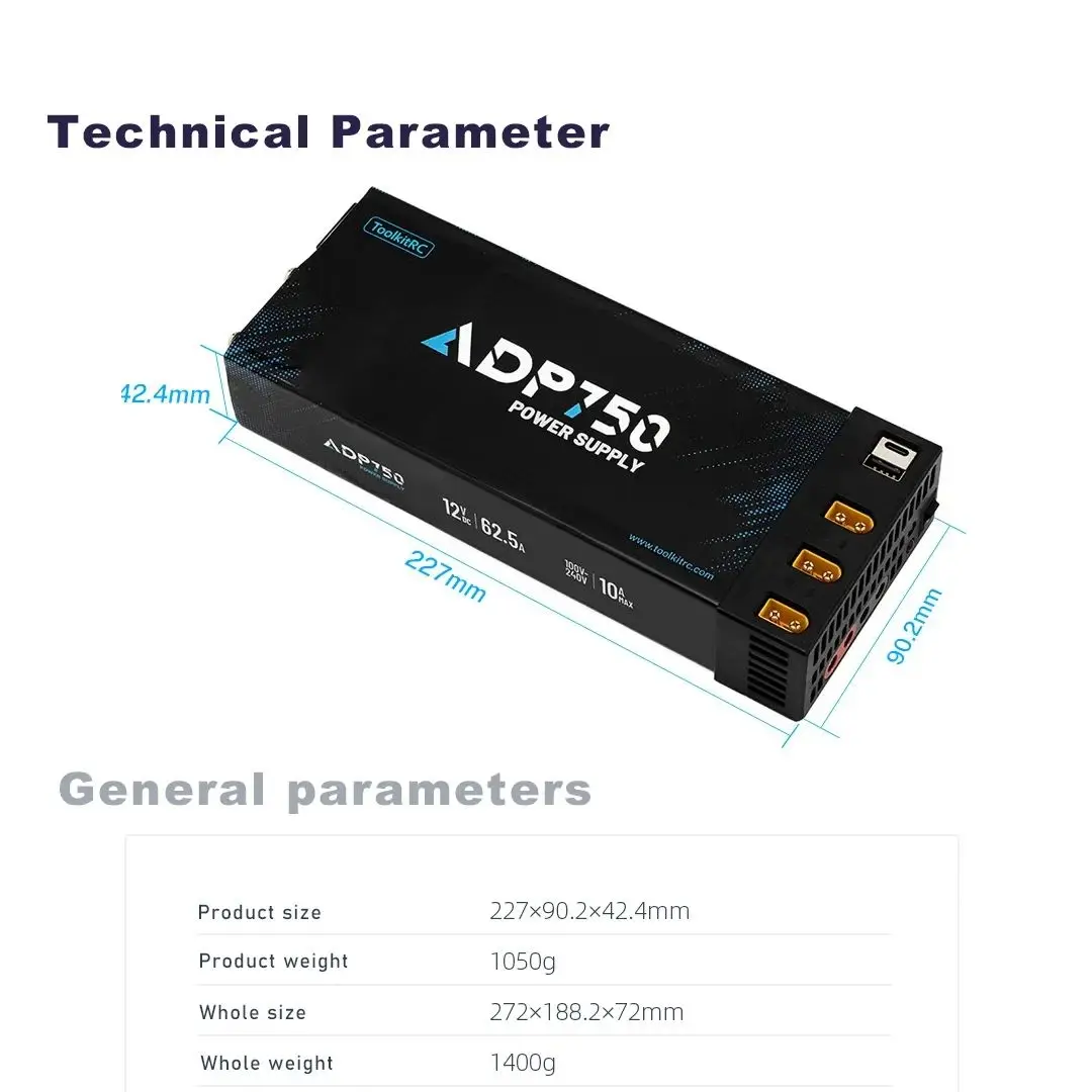 محول ToolkitRC ADP750 بقوة 750 وات DC12V 62.5A مع مخرج رأس الموز المتوازي XT60 لشاحن ذكي M8D M9 M6D M7 M8P
