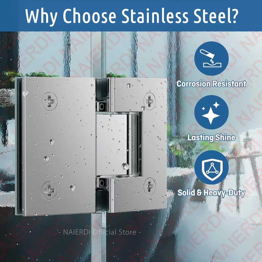 NAIERDI Glass Shower Door Hinges 180 Degree Stainless Steel Glass Door Hinge Glass Clip Door Hardware Replacement Part