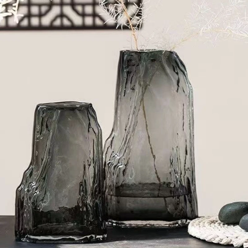 Mountain Outline Glass Vase Mouth Blown Rock Statue Flower Holder Living Room Art Decor Stand Shelving Glassware, Ornament Craft