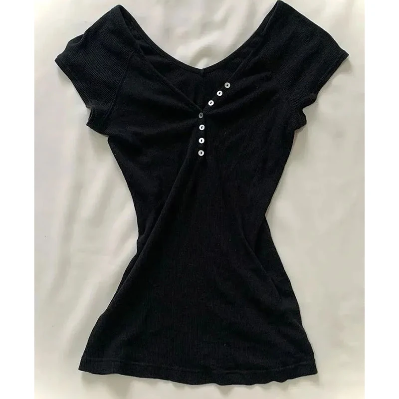 Black Slim Button Up Tee Women Harajuku Y2K Classic Simple Casual Top Short Summer V Neck Fashion Pretty Style T Shirt