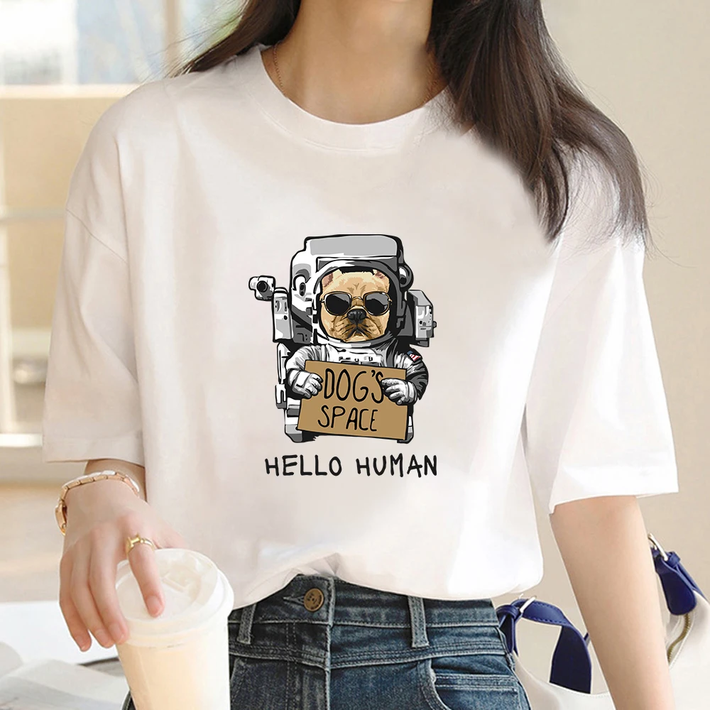 Fashion T-shirt Aesthetic printed dog flower short sleeve T-shirt Street wear with girlfriend top women casual Harajuku women