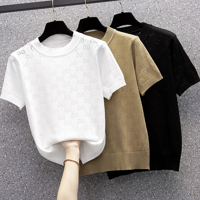 2023 Summer Solid Short-sleeved Thin Sweater Women's Vintage Round Neck Pullover Knit Loose Thin Ice Silk T-shirts Tops