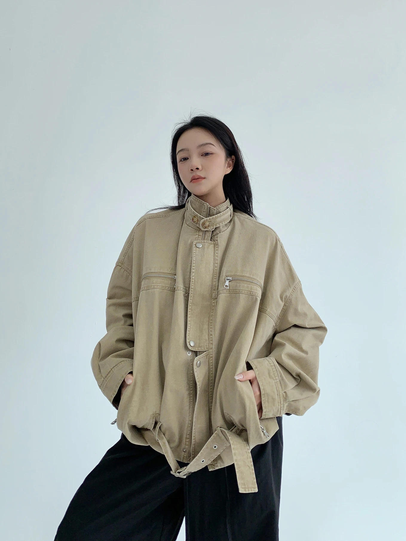 

Женская рабочая куртка в стиле американского фермерского халата, свободного кроя, с воротником-стойкой, винтажная, с молнией, из хлопка