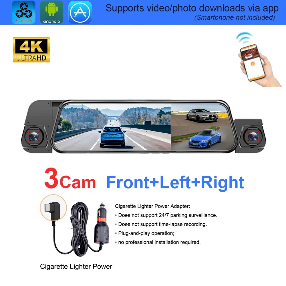 Streaming Dashcam met 4 lenzen, volledig touchscreen, APP-bediening, 24-uurs parkeermodus, nachtzicht, bewegingsdetectie, G-sensor, time-lapse, privacy-opname