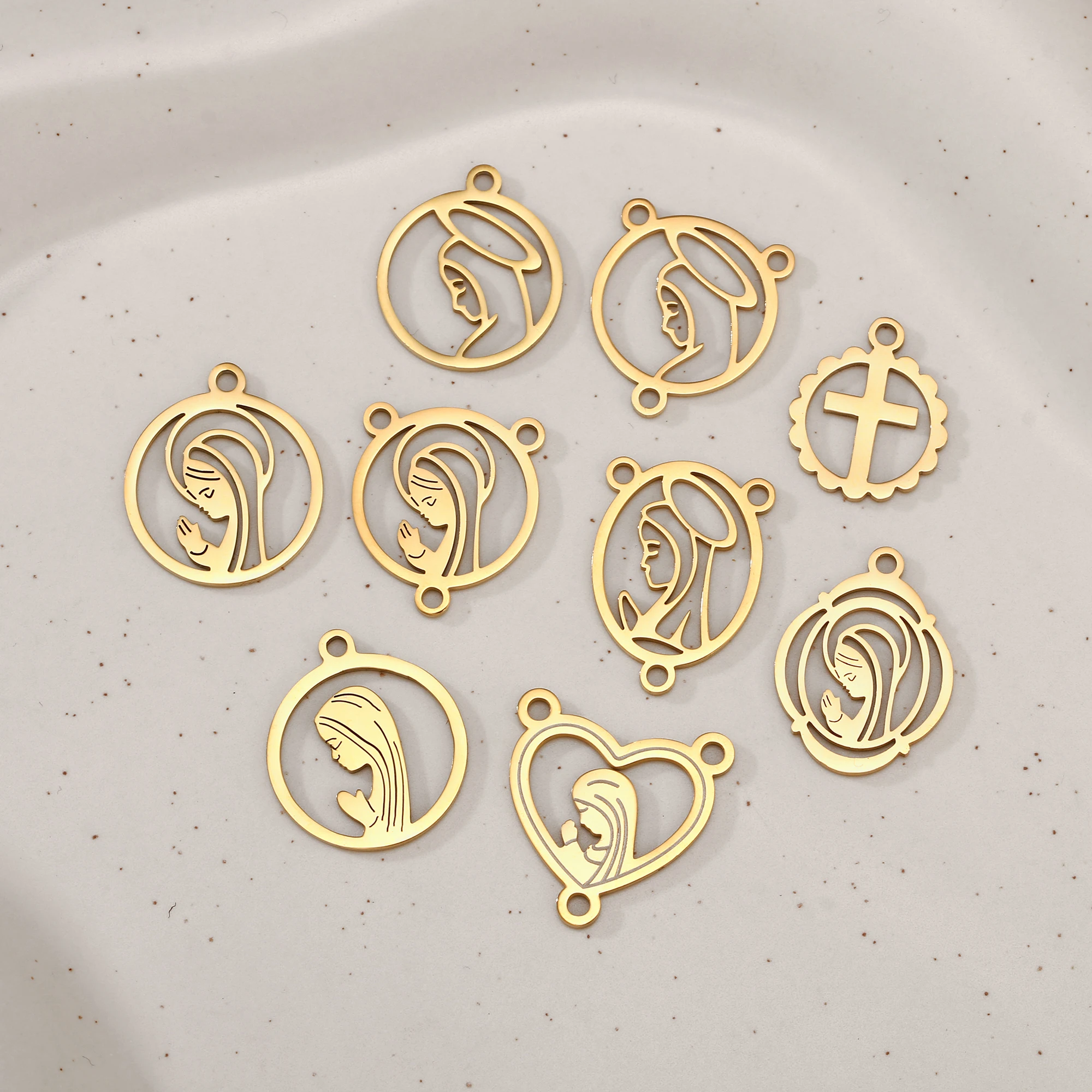 5 Stück Jungfrau Maria Verbindungsanhänger aus Edelstahl, Exquisite 3-Loch Unsere Liebe Frau Gliederanhänger für DIY Halsketten und Armbänder – Detail 5