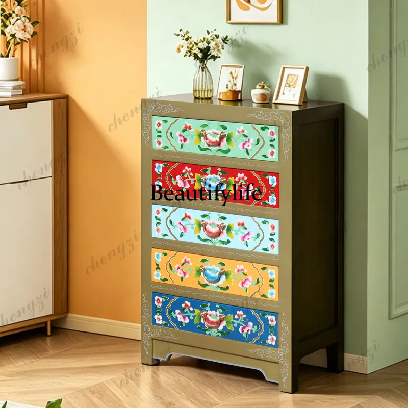 Traditional Chinese Painted Floral Five-Drawer Cabinet Living Room Storage Cabinet Large Capacity Drawer Storage Cabinet