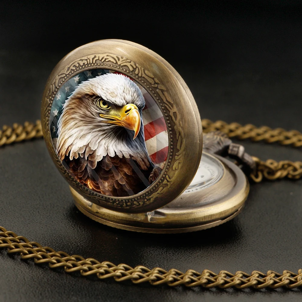 American Eagle Independence Day Bronze Quartz Pocket Watch for Women Men Necklace, Unique Pendant Clock Watch Gift Accessories