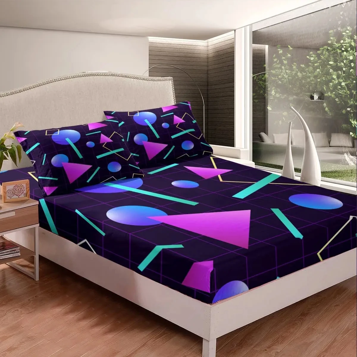 Abstract Fitted Sheet Colorful Geometric Bed Cover for Boys Girls Neon Gradient Geometric Shapes Bed Sheet Set with 2 Pillowcase