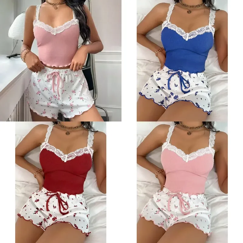 2026 Women Sexy Lace Camisole Vest Shorts Sleepwear Slim Fit Two Piece Home Outfit New Arrival Pink Coffee Blue Lingerie Set