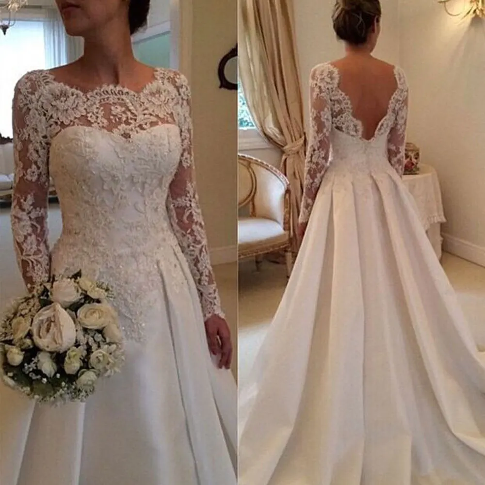 Elegant Backless Wedding Dress 2023 Vintage robe de mariée Lace Satin Long Sleeve Bride Dresses  2022 Custom Made Robe De Mariee