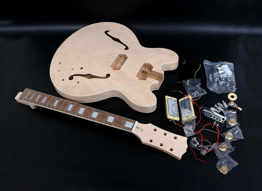 Unfinished Electric guitar 1set Guitar Kit ES 335 maple Guitar neck and Guitar Body,DIY Hollow Electric guitare