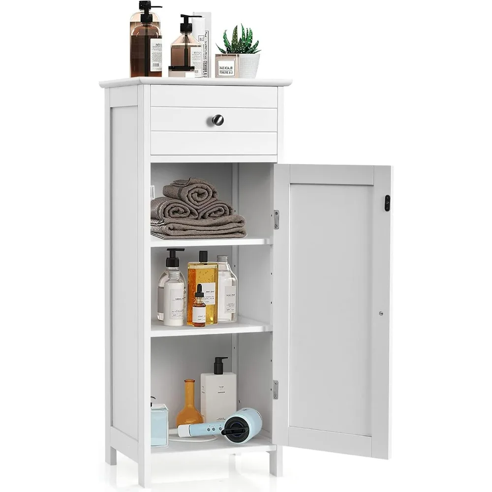 

Independent single door floor bathroom cabinet with drawers and 3-layer adjustable shelves, equipped with anti tipping device