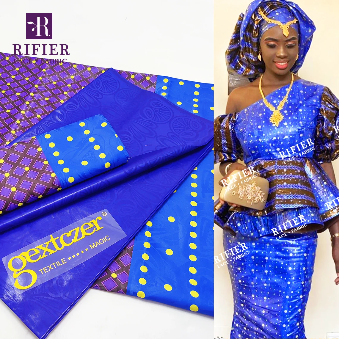 Perfect Match !!! 2.5 Yards Print Bazin With 2.5 Yards Plain Bazin Royal Blue High Quality 2023 African Lady Dress Basin Riche