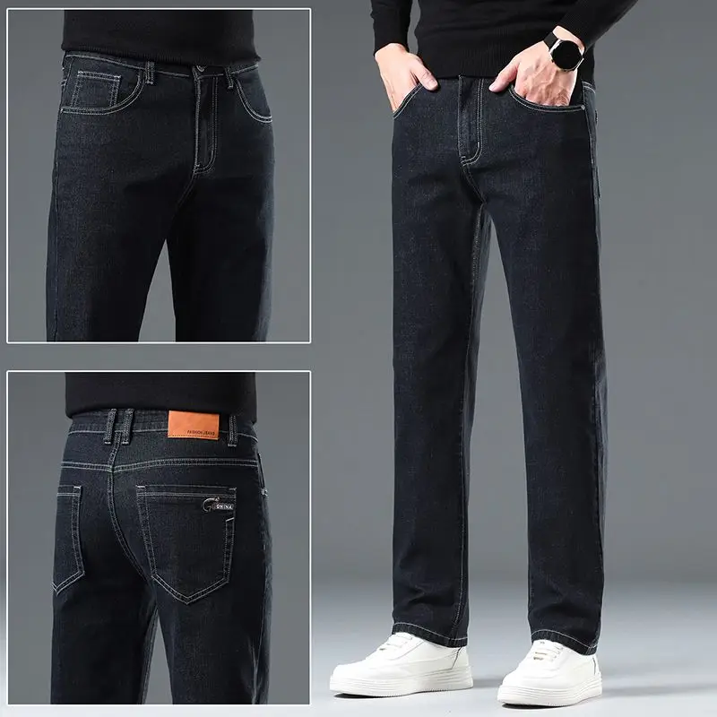 Men's Business Straight Leg Jeans Full Length Casual Denim Trousers Stretch Elastic Fabric Comfortable Fit Pant