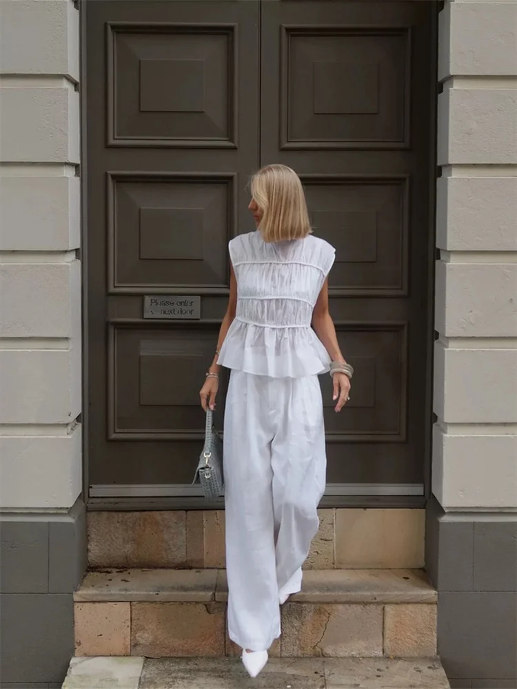 Susan Casual White Svel Mehrschichtige plissierte Bluse mit lockerem Saum Pendeln Sle rund Ne ort Sve UV-Schutz