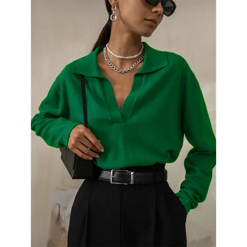 

Fashion Long Sleeve Polo Collar Sweater 2023 Autumn/winter Solid Office Lady Tops Casual Soft Warm Knitted Pullover Jumper 29687