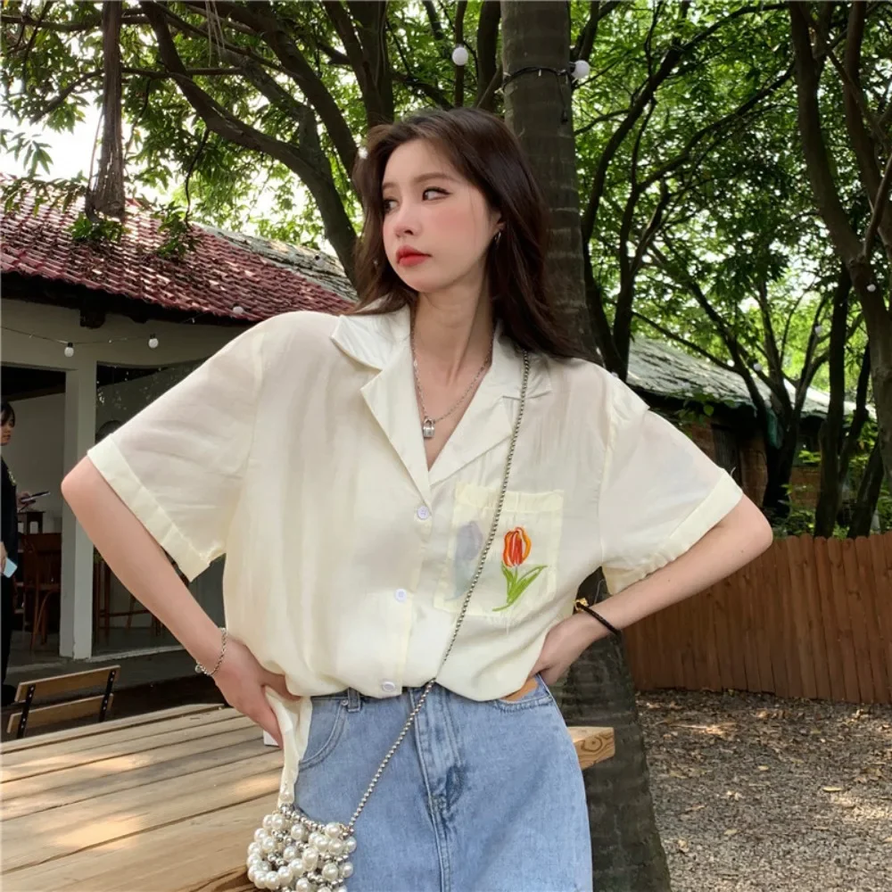 Shirts for Women Floral Loose Sun-proof Aesthetic Embroidery Summer Half Sleeve Korean Style Slouchy Vintage Girlish Temperament