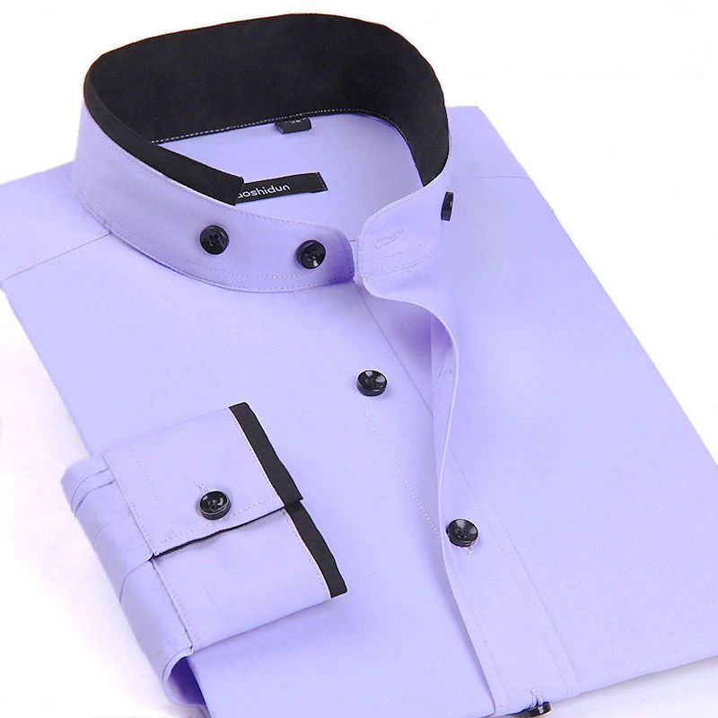 Casual Solid Long Sleeve Button-down Shirt for Men Chinese Stand Collar Regular-fit Thick Dress Shirt Black White Shirts Male