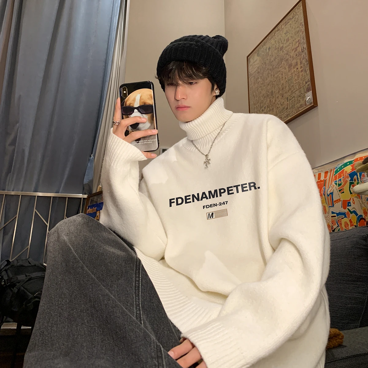 

Men's High Neck Knit Sweater Thick Long Sleeve Loose Fit Autumn Winter Casual Style Teenage Youth Overhead Woolen Shirt
