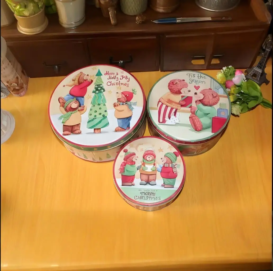 3 قطع معدنية الخبز البسكويت صندوق تخزين جولة صغيرة الدب القصدير حالة كامل اللون طباعة عيد الميلاد حزب هدية آخر 4 مجموعات التخليص!