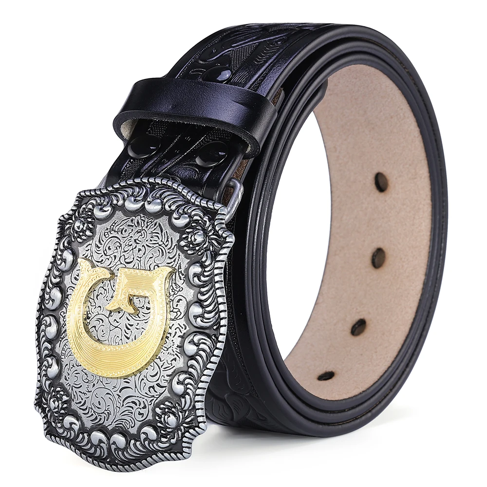 Western เข็มขัดผู้ชายเข็มขัดหนังแท้สําหรับผู้ชายผู้หญิงคาวบอย Cowgirl ตัวอักษรขนาดใหญ่หัวเข็มขัดทองชายเข็มขัดยาวสีดําสีน้ําตาลคุณภาพ