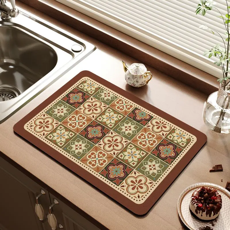 VIKAMA Vintage Mosaic Tile Tableware Drain Mat, Moroccan Floral Absorbent Quick-Dry Countertop Mat, Home Decor