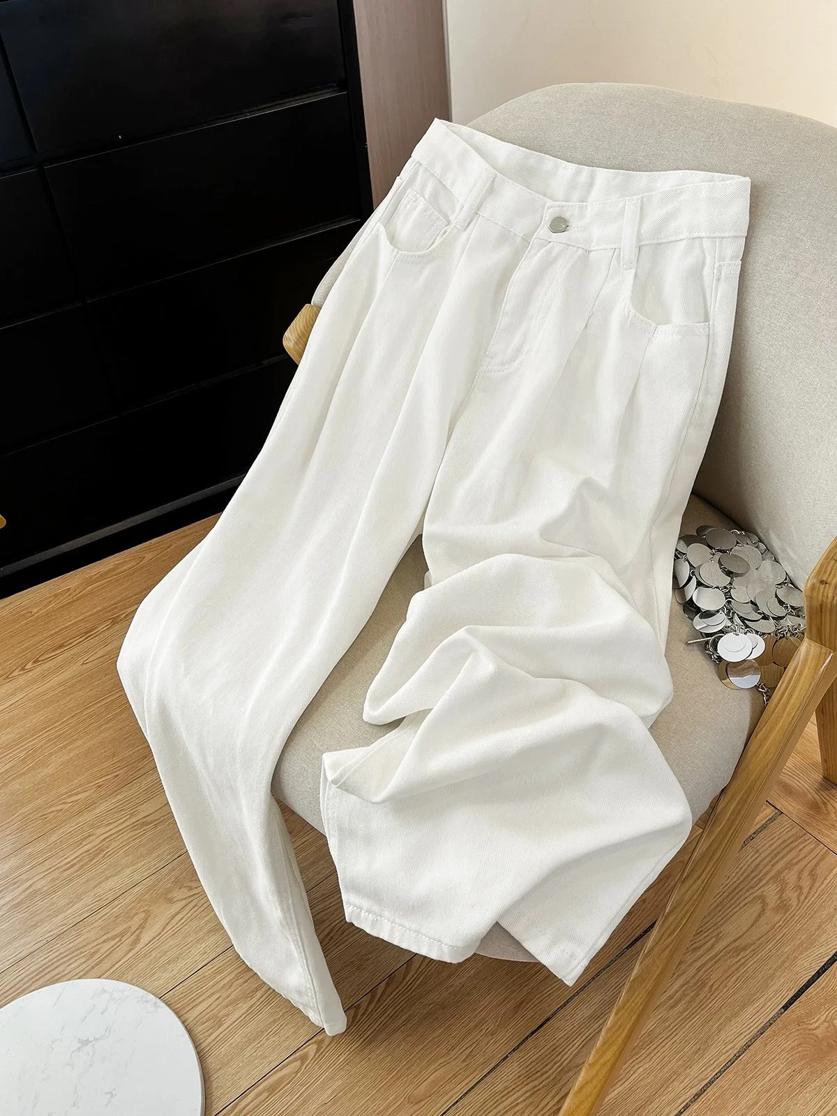 

White Straight Leg Men's Jeans Design Sensation Versatile Loose Casual Pants Trendy Spring Summer New Arrival