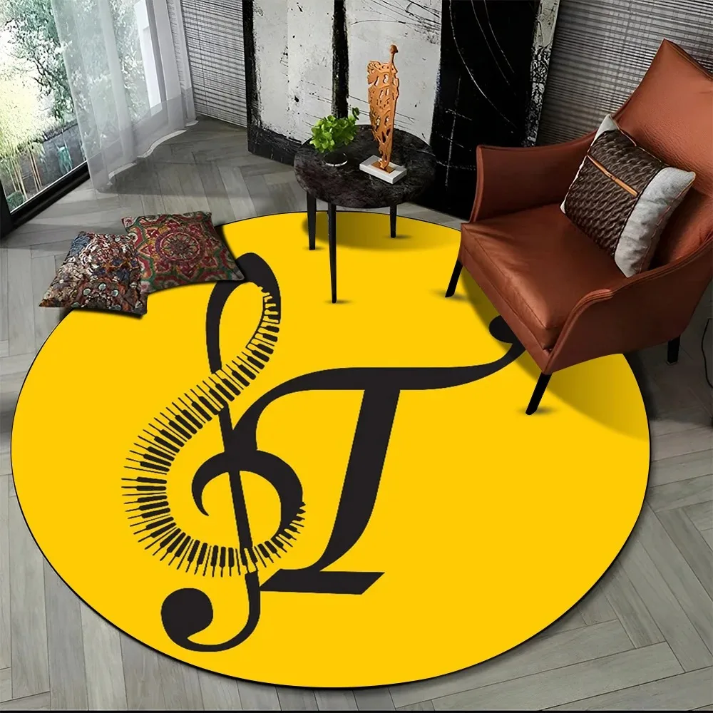 Music Letter Round Entrance Doormat Treble Clef Piano Key Monogram Graphic Rug Musical Themed Indoor Home Decor Floor Mat