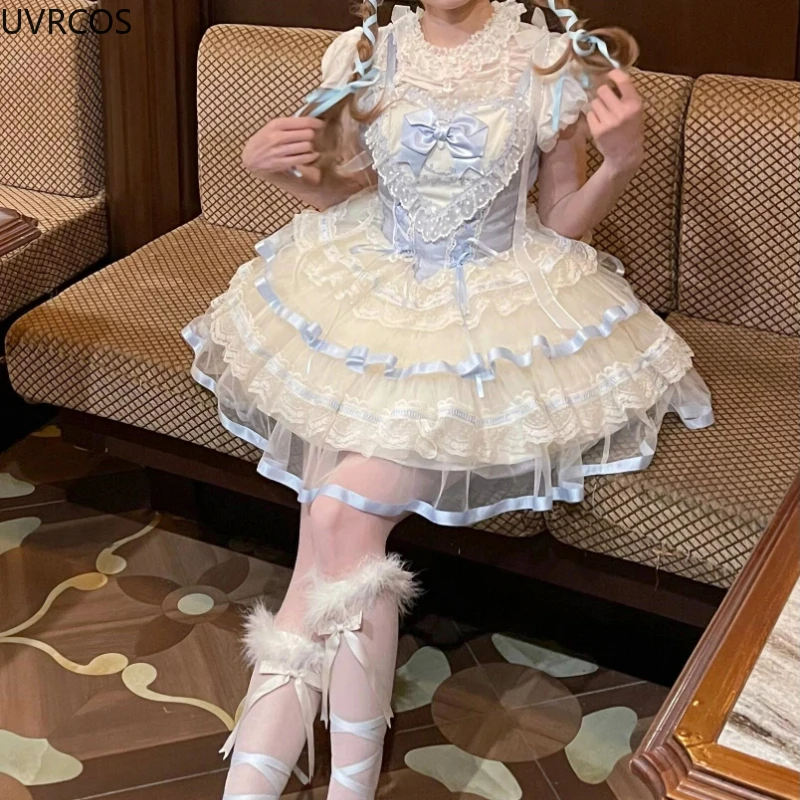 Sweet Elegant Lolita Jsk Dress Women Japanese Victorian Vintage Lace Bow Ruffles Kawaii Party Mini Dresses Y2k Cute Fairy Dress