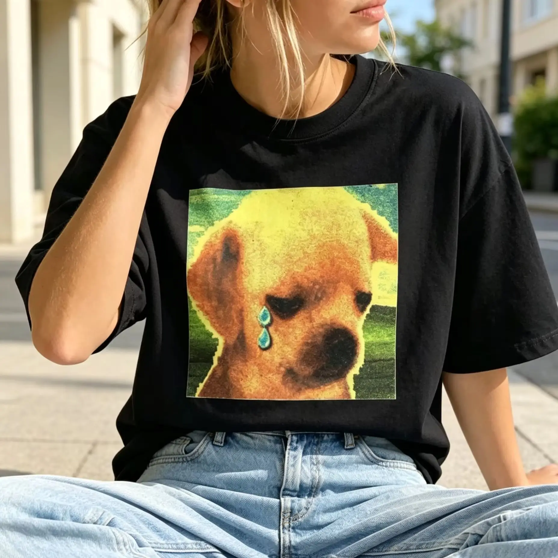 Women's Sad Crying Puppy Meme Graphic T‑Shirt, Retro Glitch Pixel Style Dog Print Casual Short Sleeve Tops