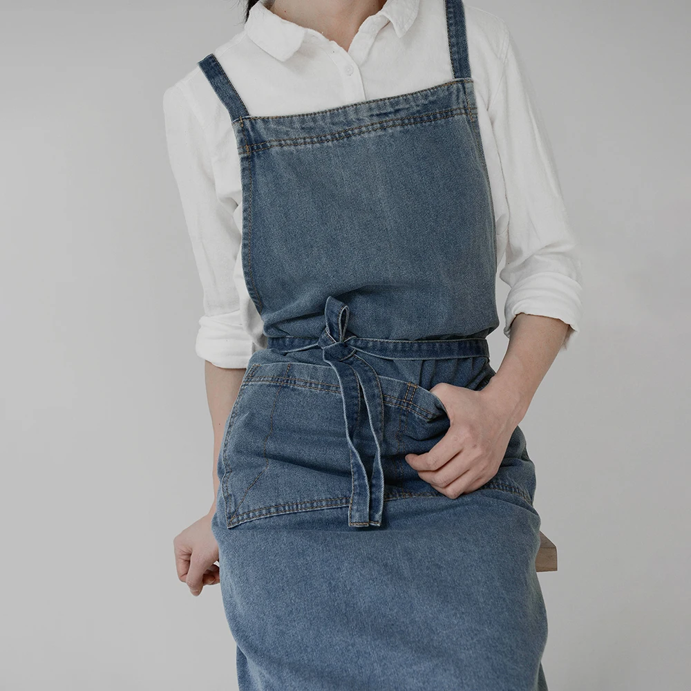 

Brief Denim Cotton Canvas Apron for Women Men Kitchen Cooking Baking Gardening Work Waist Aprons Smock Workwear
