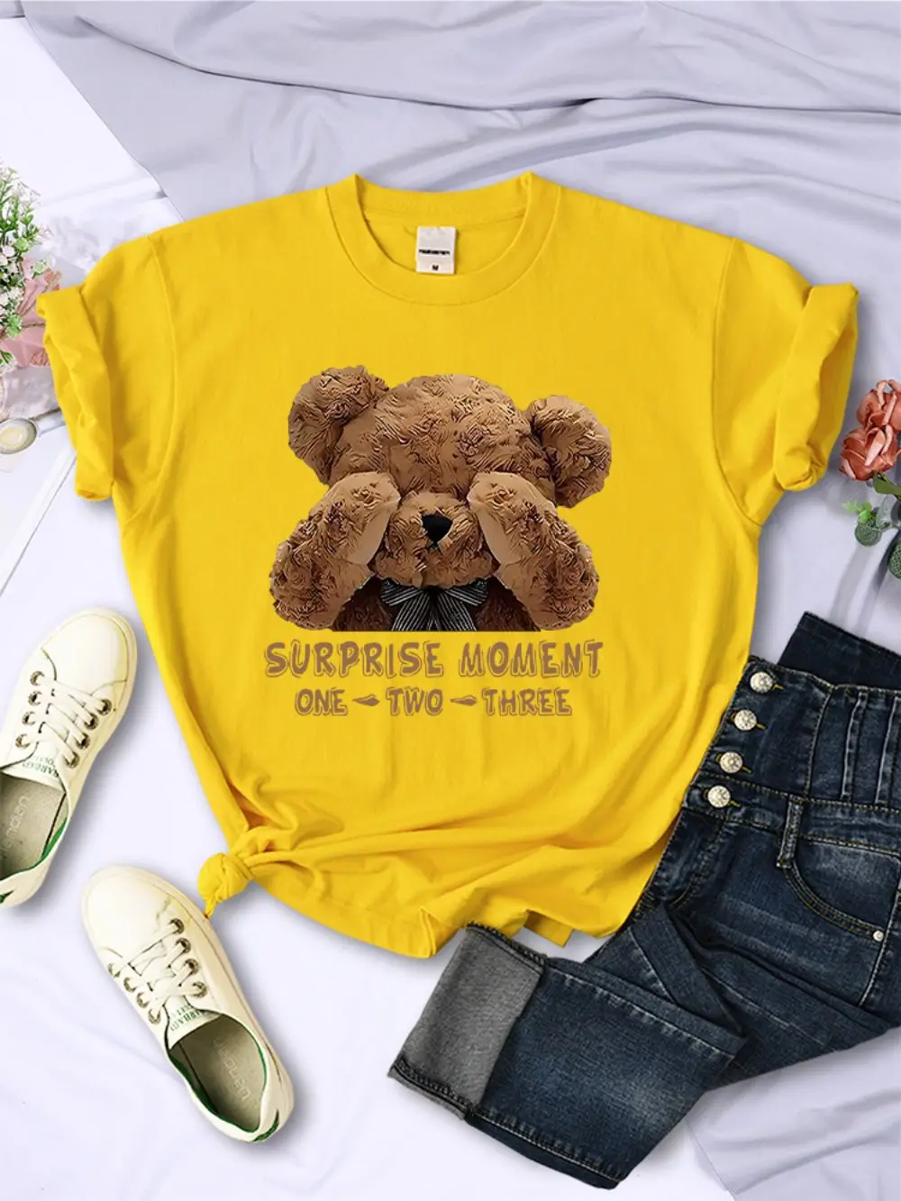 Summer Womans T-Shirts One Two Three Teddy Bear Printed Tops Breathable Soft O-Neck Tee Shirts Casual Cartoons Female Clothes