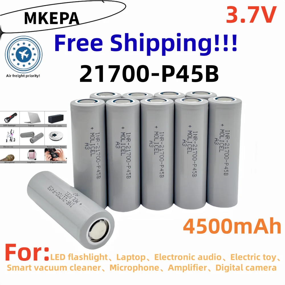 New 3.7V 21700-P45B Rechargeable Battery 4500mAh Power Batteries, 3C Discharge, 21700 Lithium Battery Applies to LED Flashlight.