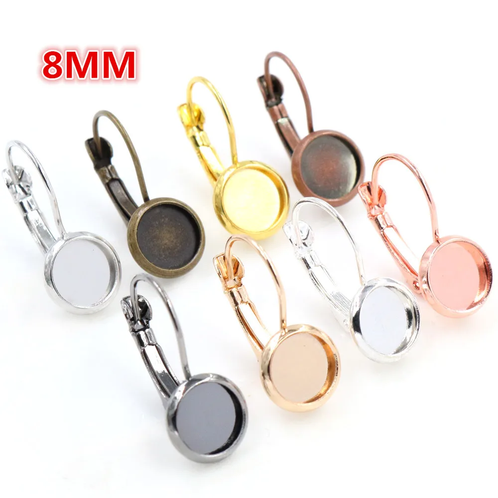 8mm 10pcs 8 Colors Plated French Lever Back Earrings Blank/Base,Fit 8mm Glass Cabochons,Buttons;Earring Bezels