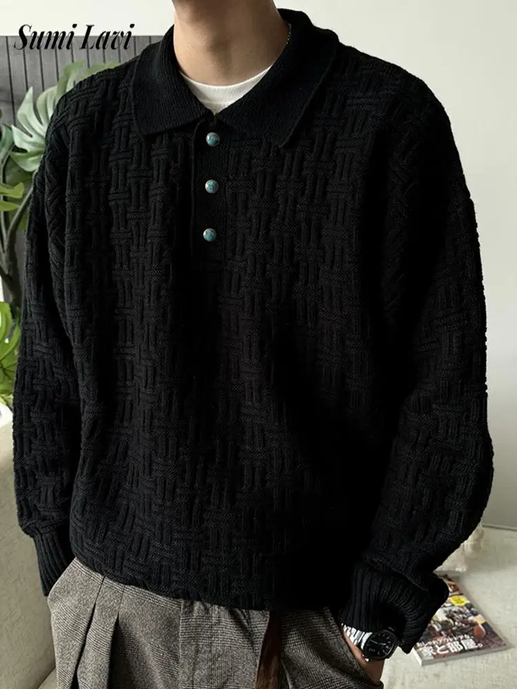 

Trendy Mens Jacquard Textured Tops Polo Neck Long Sleeve Button-up Knit Slim Polo Shirt For Men 2026 Spring Fashion Polo Shirts