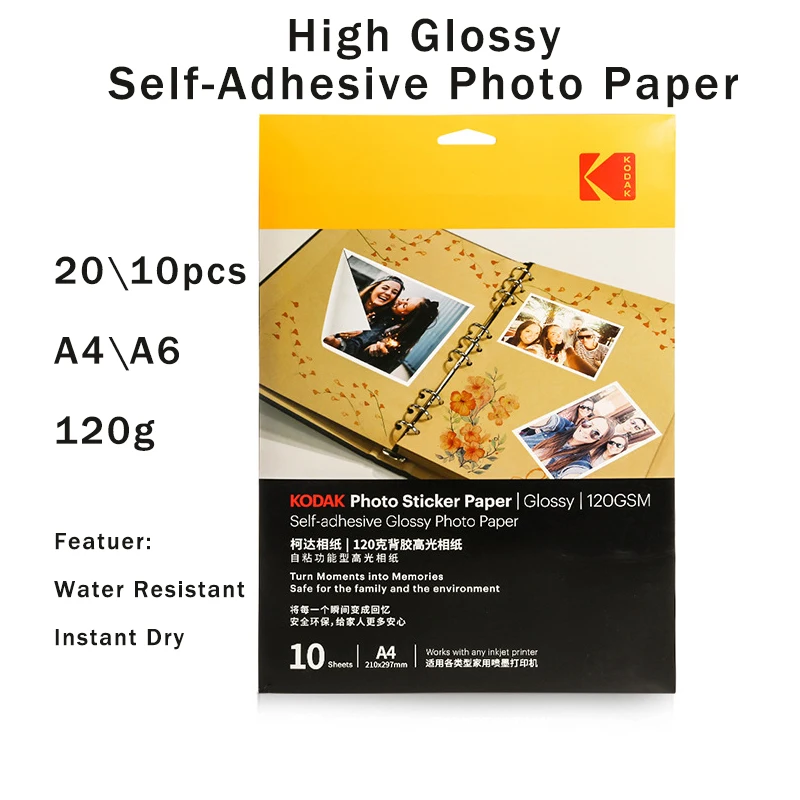 120g Self-Adhesive Photo Paper 20/10pcs A4\A6 High Glossy Photo Papers Water Resistant And Instant Dry For Office Inkjet Printer