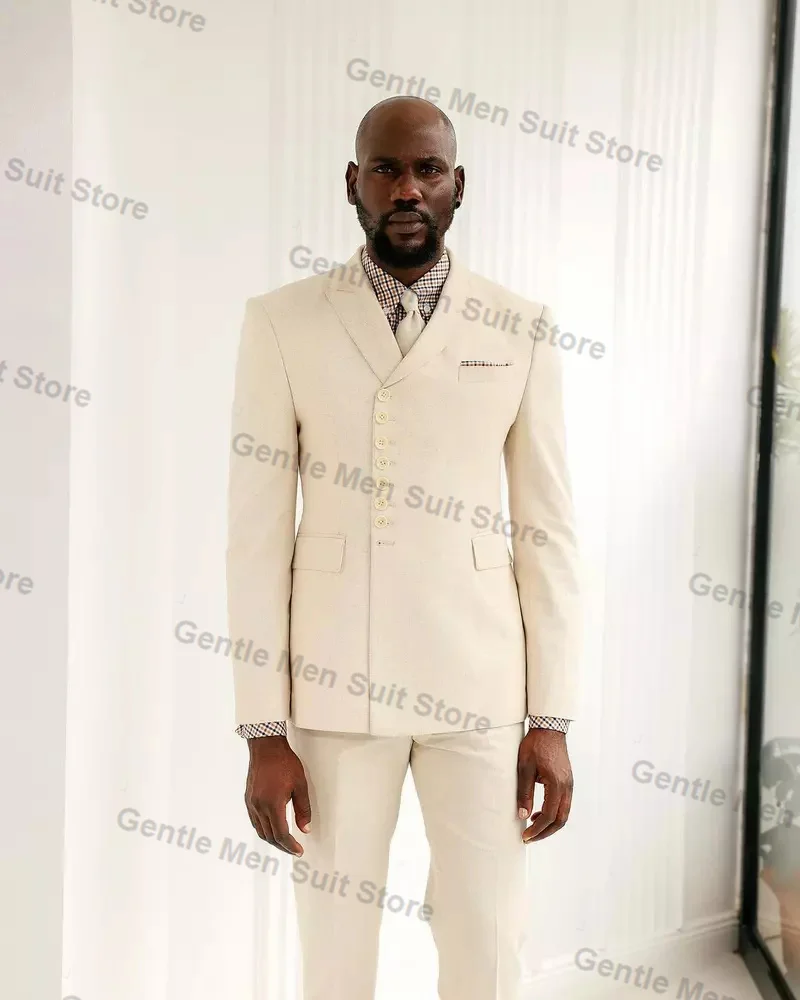 

Formal Office Beige Men Suits Set 2 Piece Cotton Blazer+Pant Prom Groom Wedding Tuxedo Coat Tailored Made Business Jacket Wear