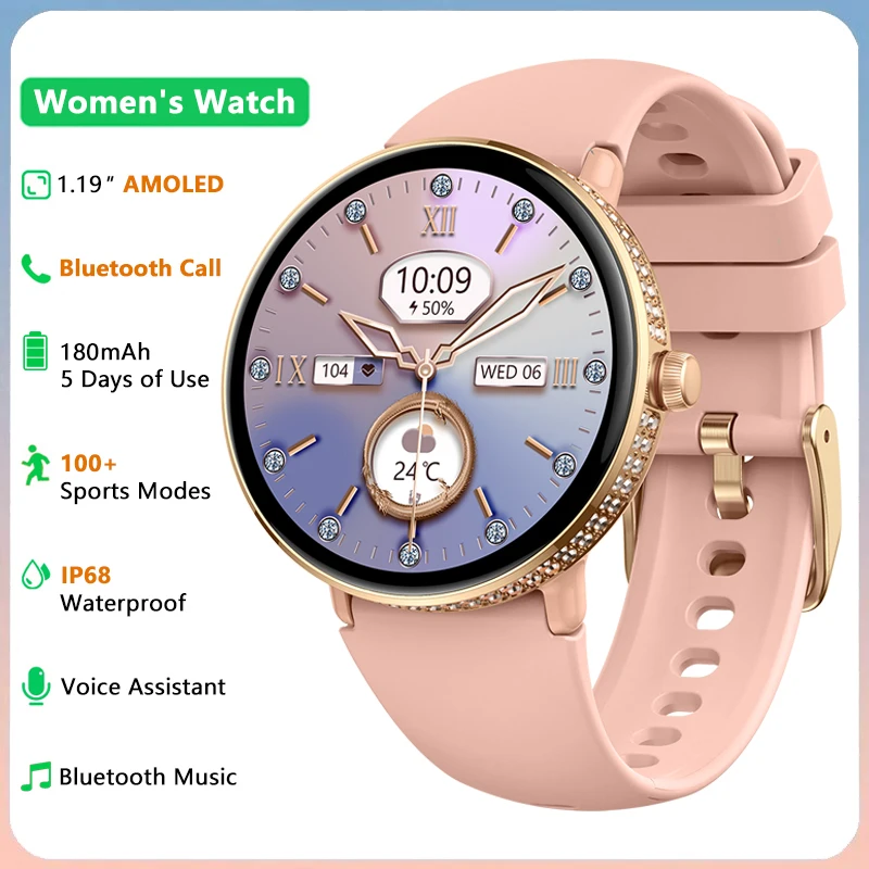 

1,19-дюймовые женские умные часы AMOLED, 100 спортивных режимов, женское здоровье, Bluetooth-вызов, AI, голосовой помощник, IP68, водонепроницаемые умные часы