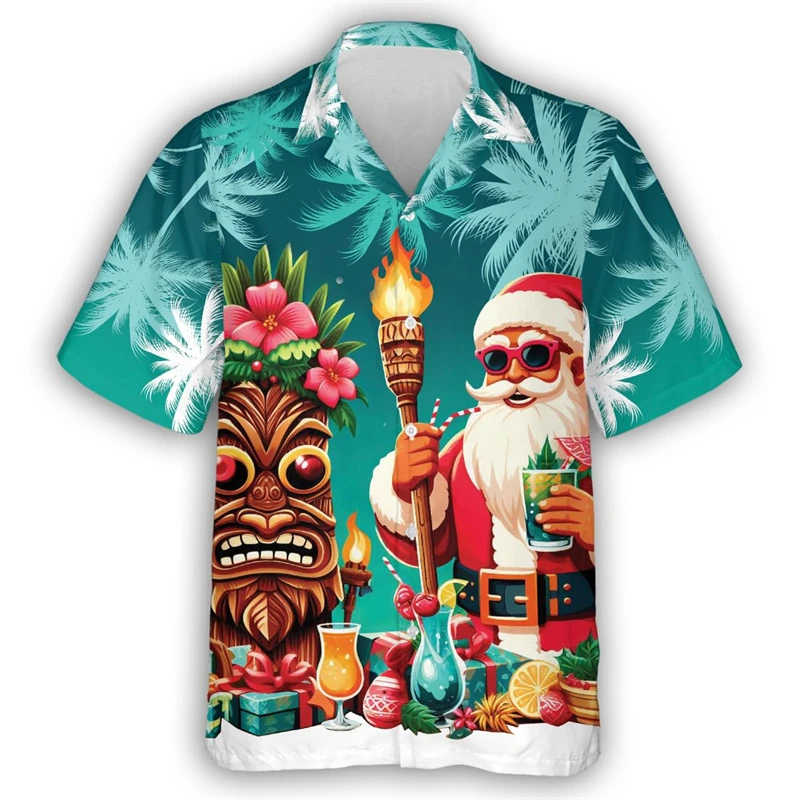 Hilarious Santa Claus 3D Printed Short Sleeve Shirts For Men Clothes Christmas Man Beach Shirt Hawaiian Xmas Gifts Button Tops