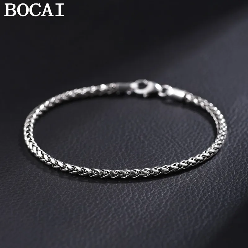 BOCAI NEW 3MM S925 Pure Silver Bracelet for Men Women Retro Minimalist Hand Woven Dragon Bone Bracelet Fine Choice Jewelry
