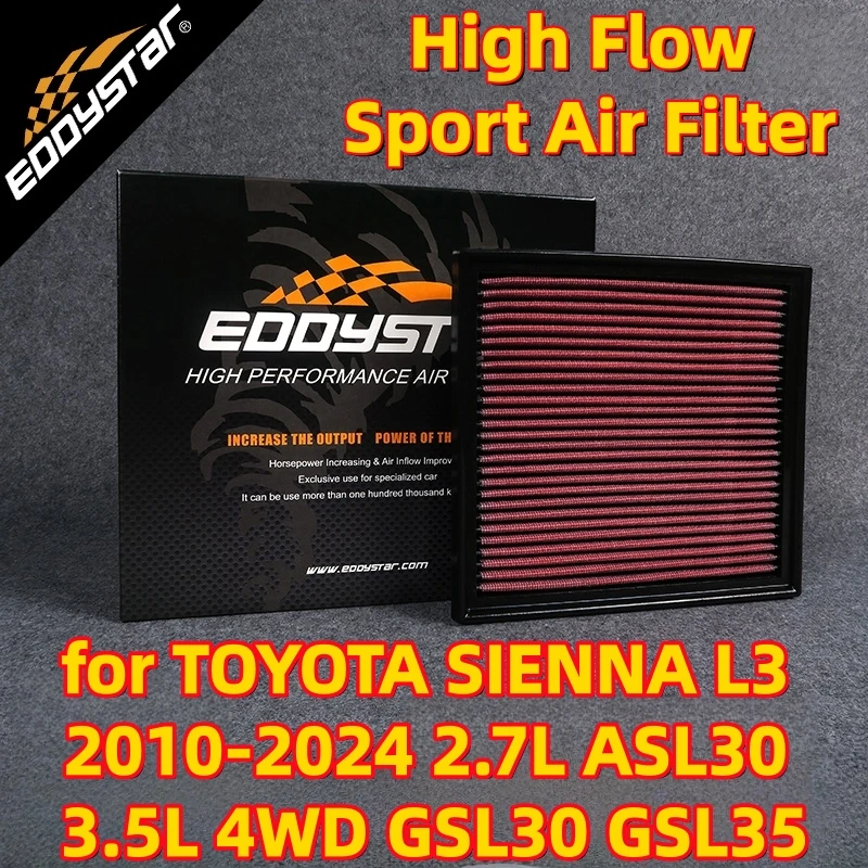 

High Flow Sport Air Filter for TOYOTA SIENNA L3 2010-2024 2.7L ASL30 3.5L 4WD GSL30 GSL35 Washable Racing Intake Filters