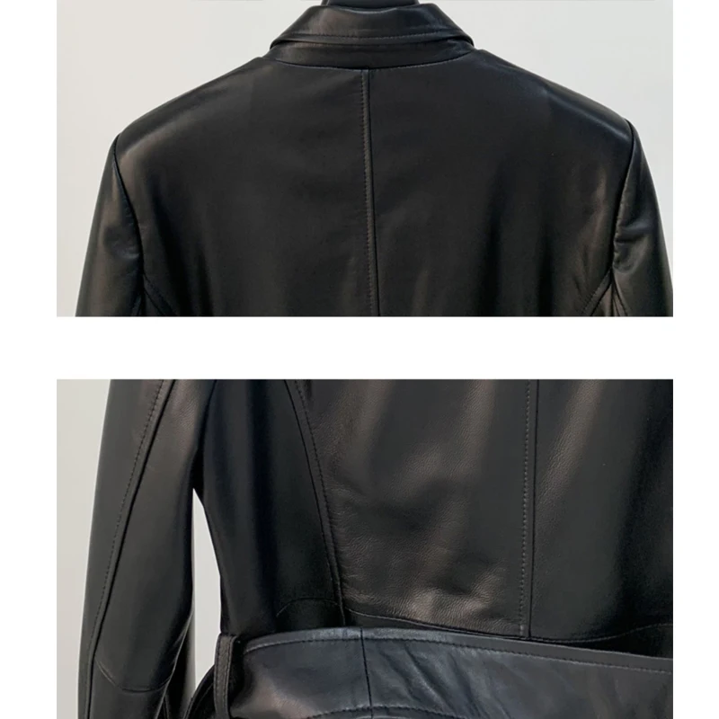 100% Real Leather Jacket Women Mid-length Lace-up Belt Slim Waist Coats Fashion Single-breasted Female Casual Sheepskin Coats