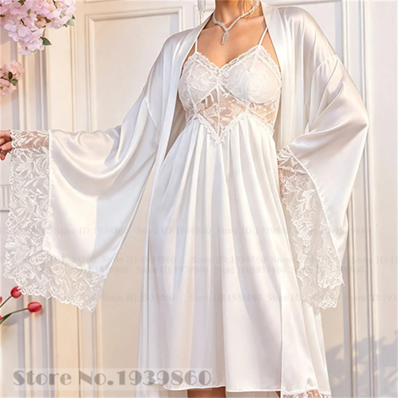 Women's 2Pcs Robe Nightgown Set Sexy Hollow Out Lace Mujer Lingerie Sleepwear Spring Summer New Night Clothes Home Dressing Gown