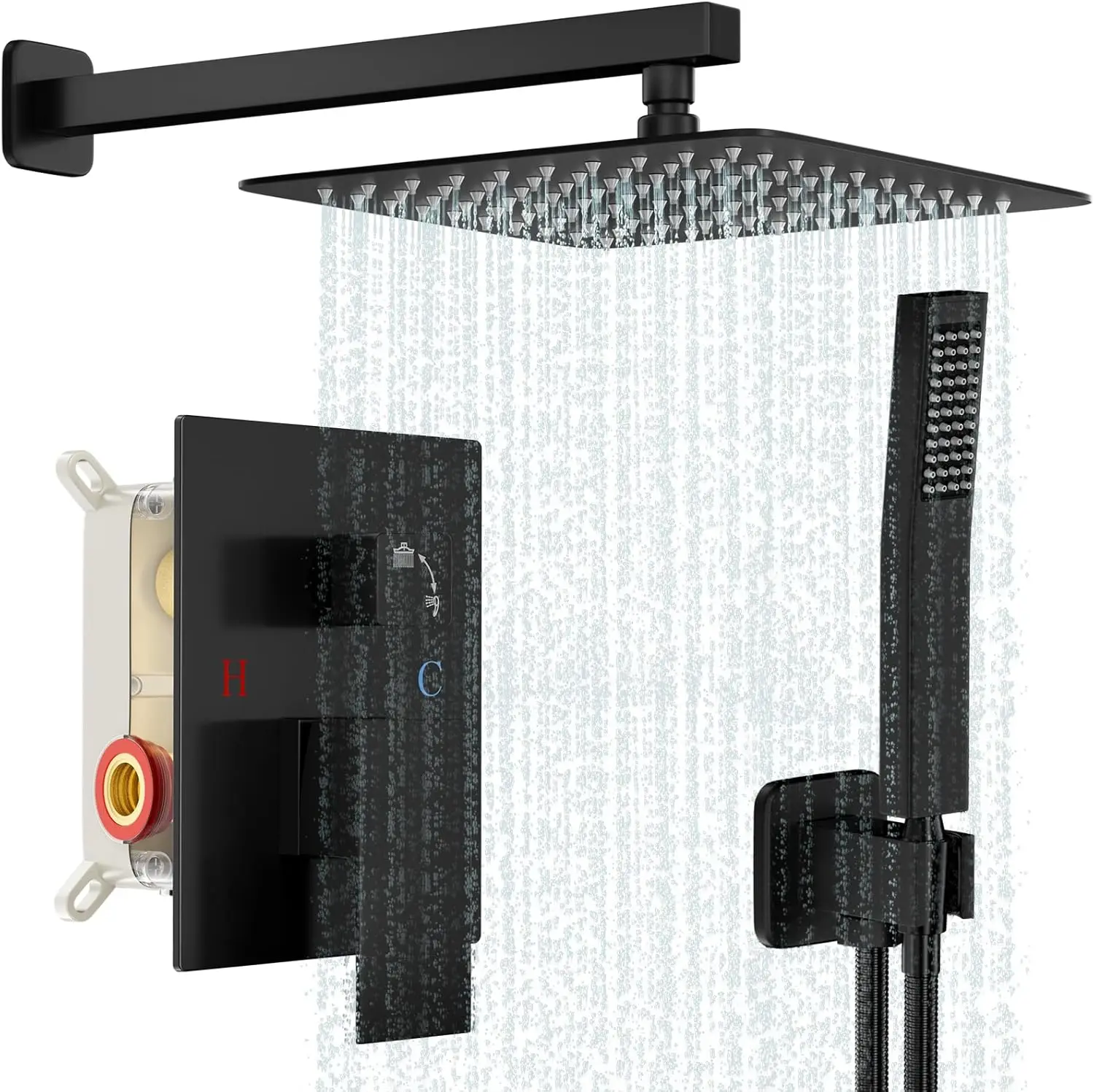 

Matte Black Square Rain Shower System with 10-Inch Head, Handle, Valve and Trim Kit for Modern Bathroom