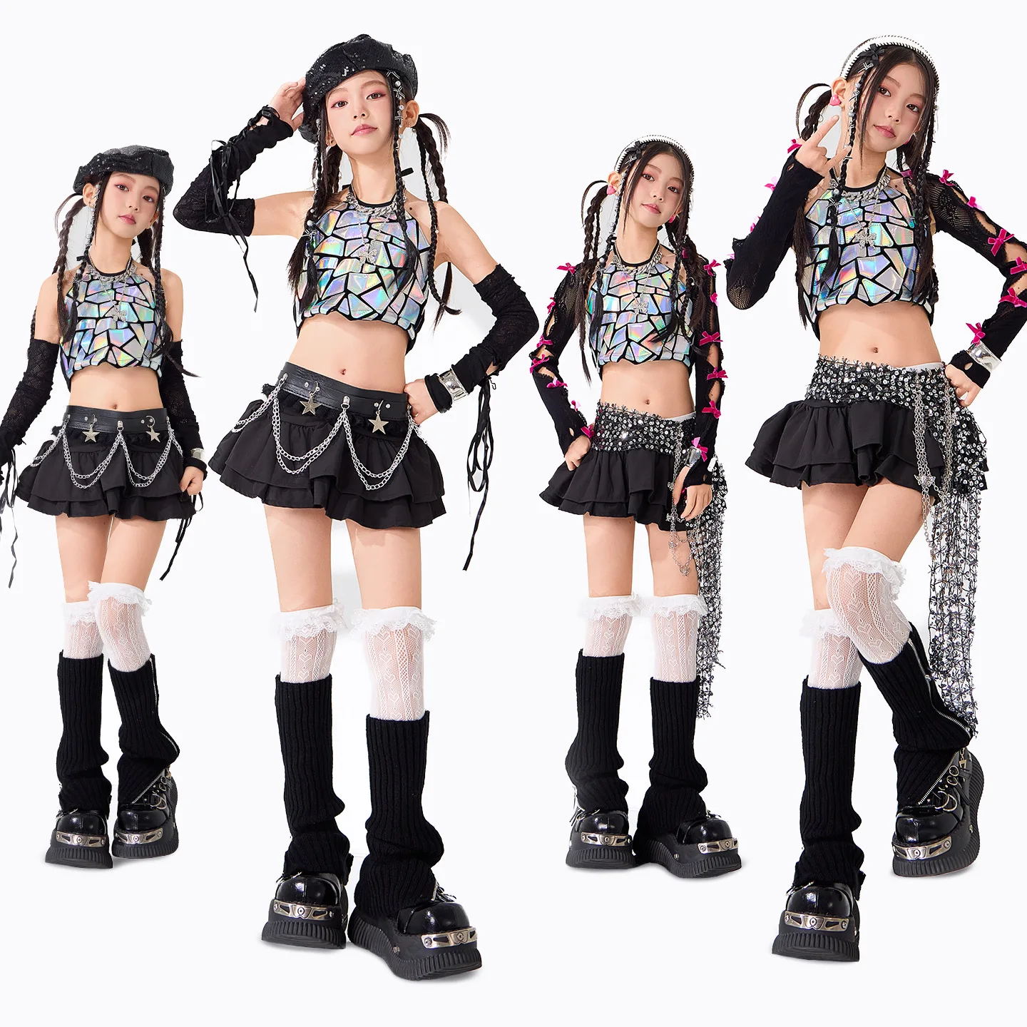 Girls K-pop Silver Glow Crop Tank Top&Goth Skirt Kids Hip Hop Jazz Outfits Children Girl Group Street Dance Performance Costumes